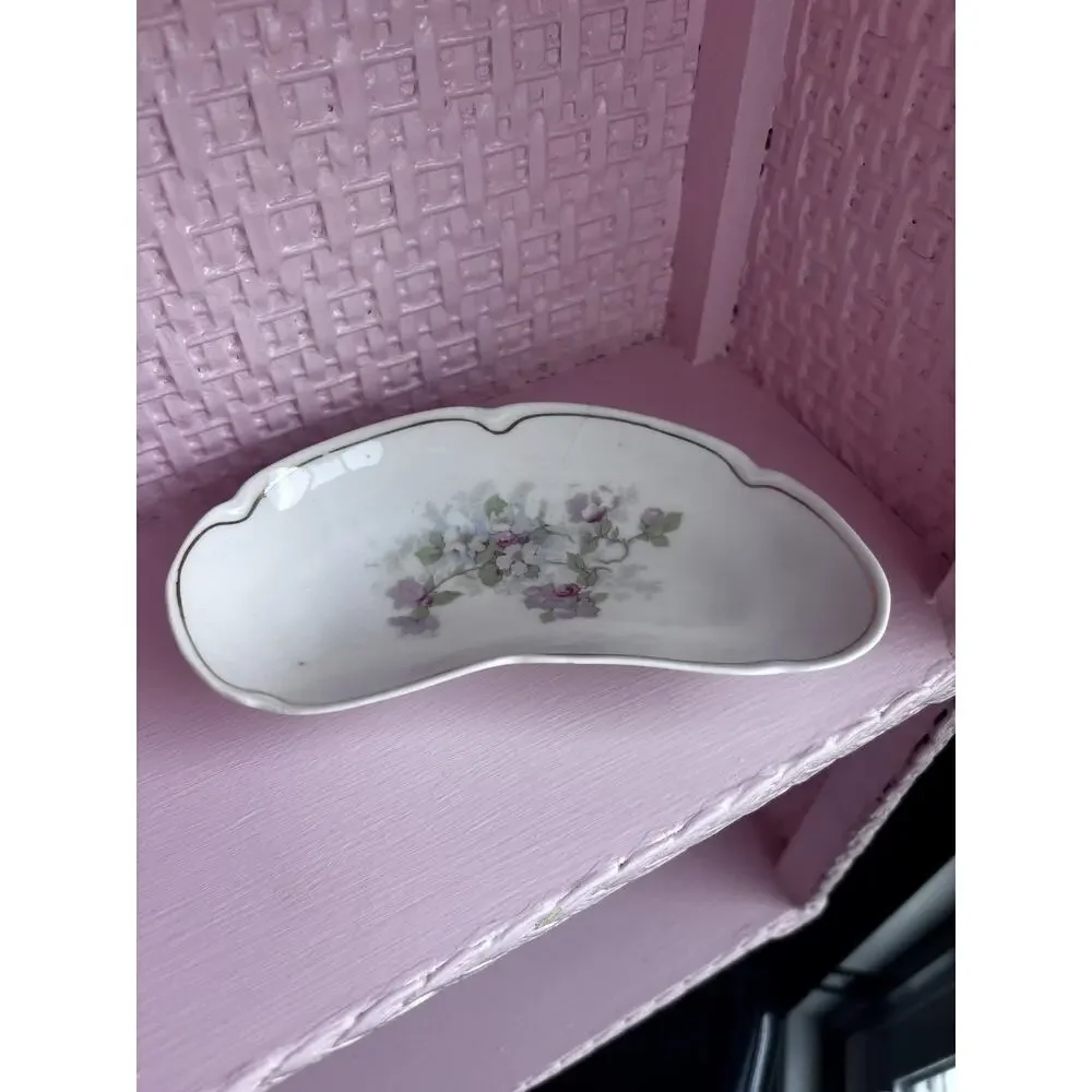 Antique Bone Crescent Salad Sauce Side Dish Bone Plate USA Pink Blossoms Vintage